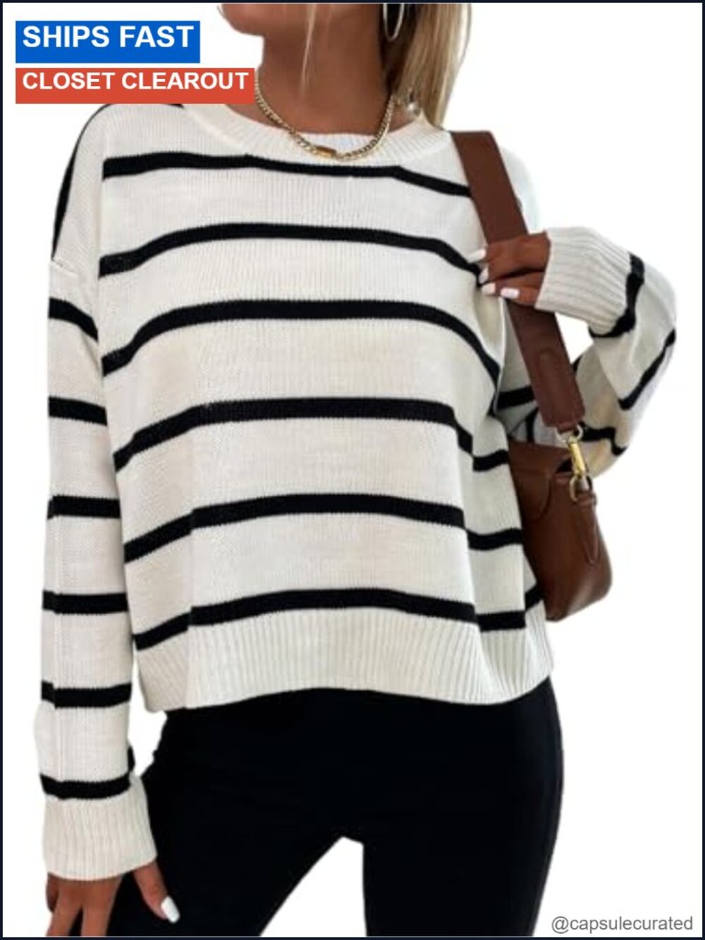 Oversized Striped Knit Pullover Sweater Drop Shoulder Crew Neck Fall Top